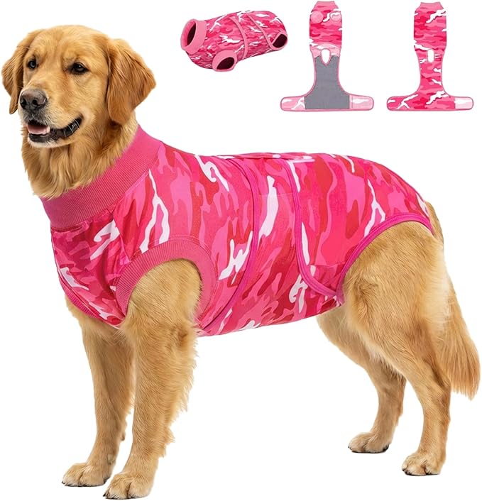 PetWarm Dog Surgical Suit, Anti-Licking Pet Surgical Recovery Onesies Suit Surgery Suit for Dogs, Professional Pet Recovery Shirt Dog Abdominal Wounds Bandages, Camouflage Pattern, Pink, 2XL