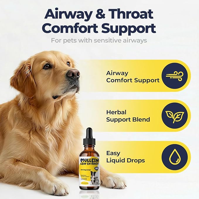Mullein Drops for Dogs & Cats, Mullein Leaf Extract Liquid with Chlorophyll, Respiratory Comfort & Breathing Support, Pet Cough Support Drops, Herbal Liquid Supplement, 2 fl oz (60 mL)