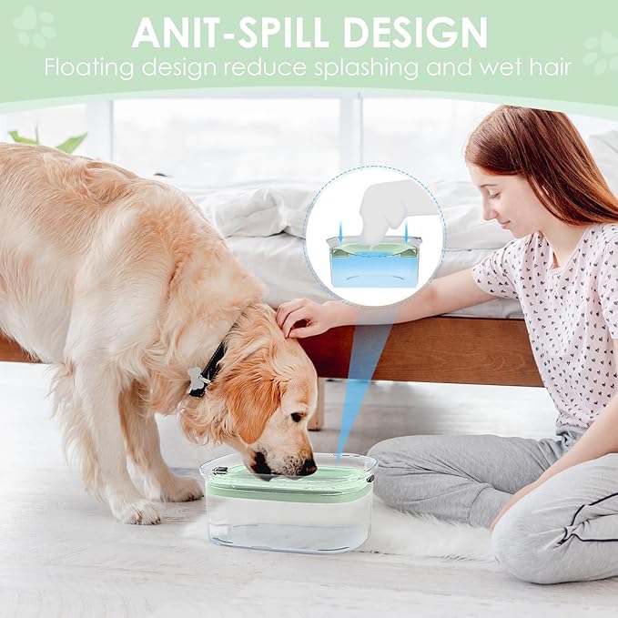 AONKEY 3L Dog Water Bowl No Spill, 101oz Large Spill Proof Dog Bowl Reduce Refill, Anti Splash No Mess Dispenser Dripless Slow Drinking Water Bowl for Sloppy Messy Drinkers (Sprout Green)