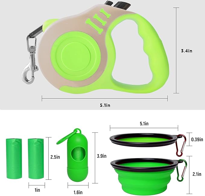 Retractable Dog Leash Automatic Telescopic Tractor Dog Tape, Pet Tape 10/16 FT Durable and Convenient, with Folding Bowl, Dispenser, Rubbish Bags, Suitable for Small and Medium Dogs