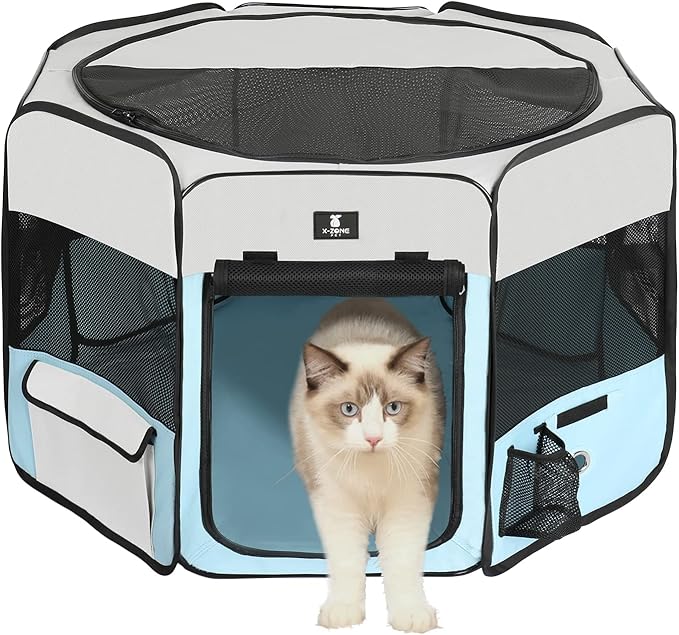 X-ZONE PET Dog Playpen Portable Pet Play Pens for Puppies, Cat, Rabbit, Chicks, Foldable Exercise Play Tent Kennel Crate, Indoor/Outdoor Travel Camping Blue Small