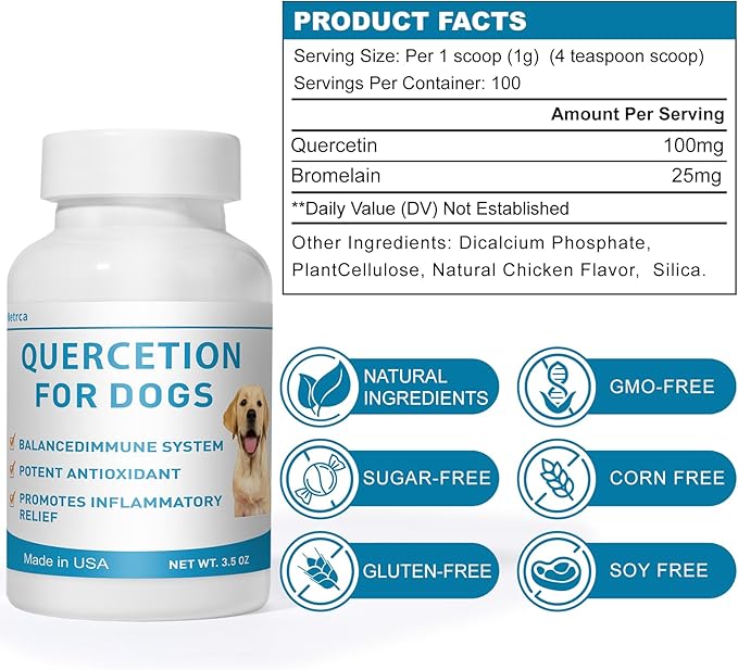 Quercetin with Bromelain for Dogs – Supports Immune Function, Reduces Itching & Inflammation, Promotes Antioxidant Defense, 3.5 oz Powder