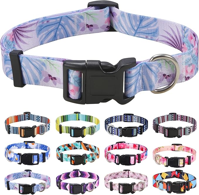 Mihqy Dog Collar with Bohemia Floral Tribal Geometric Patterns - Soft Ethnic Style Collar Adjustable for Small Medium Large Dogs (Purple Flower, S)