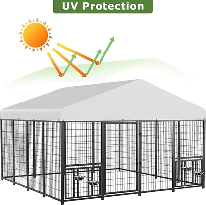 ROOMTEC Large Dog Kennel Outdoor Pet Pens Dogs Run with 4 Bowls (10' L x 10' W x 6.5'H)