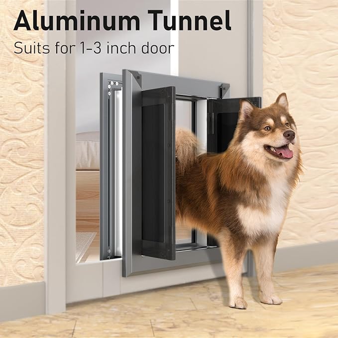 Aluminum French Large Dog Door, Heavy-Duty with Strong Double Magnetic Flaps & Aluminum Telescoping Tunnel, for Large/Medium Dogs Up to 110LBS - Gray