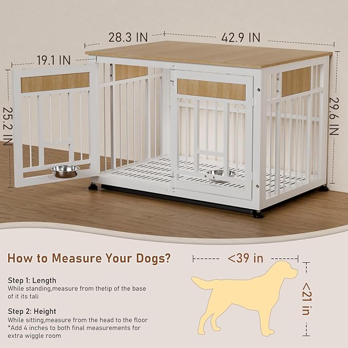 Heavy Duty Dog Crate Furniture for Large Dogs, Decorative Pet House End Table with 2 Feeder Bowls, 42.9 Inch Large Wooden Cage Kennel Furniture Indoor for Medium Dog with Bottom Tray