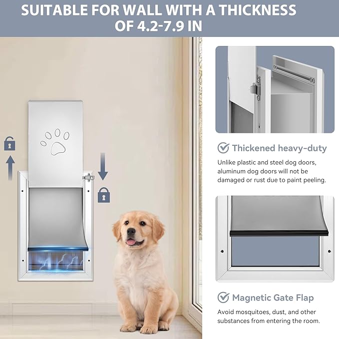 [Petoasis] 3-Flaps Dog Door for Wall, Rust Proof Aluminum Alloy Frame, Extreme Weather Dog Door Can Block Wind, Snow, and Rainwater Intrusion (Silvery White, XL for Wall)