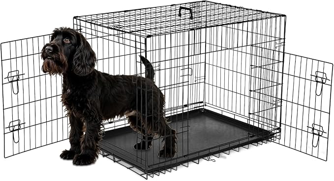 Simple Deluxe 36-Inch Dog Cage with Divider, Metal Wire Two-Door Folding Mid-Sized Pet Kennel with Leak-Proof Plastic Tray, Portable Indoors, Outdoors, and Traval