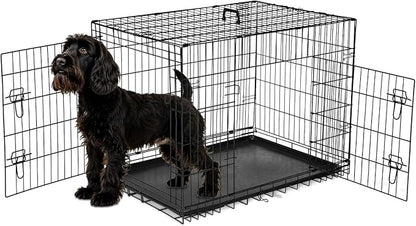 Simple Deluxe 36-Inch Dog Cage with Divider, Metal Wire Two-Door Folding Mid-Sized Pet Kennel with Leak-Proof Plastic Tray, Portable Indoors, Outdoors, and Traval
