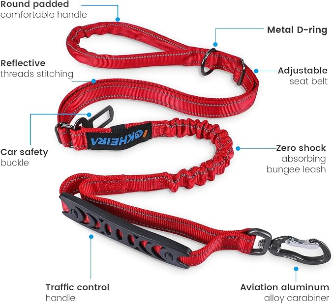 IOKHEIRA Multifunctional Dog Leash for Medium & Large Dogs - Red Adjustable With Car Seatbelt, 4-6 FT Strong Bungee