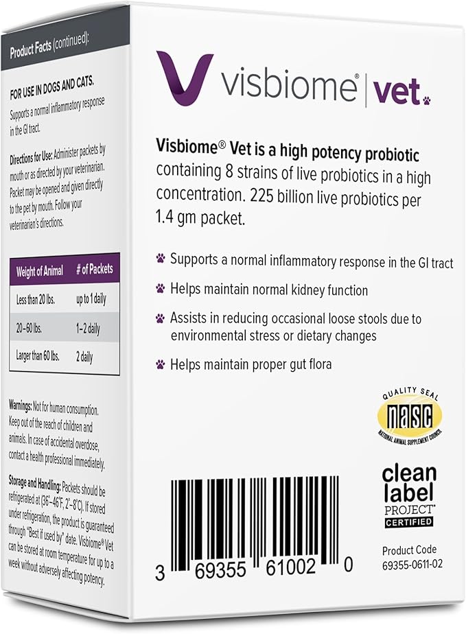 Visbiome® Vet Advanced GI Care High Potency Probiotic for Dogs & Cats – 225B CFU, 8-Strain Formula – Refrigerated, Veterinarian Recommended, Clean Label Certified – 30 Packets