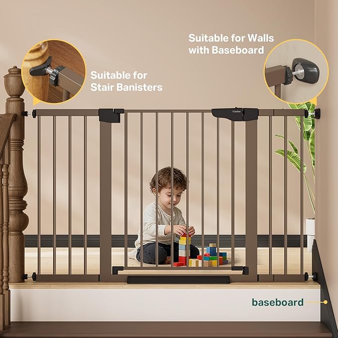 Cumbor 2-Pack Baby & Dog Gates Bundle, 29.7-51.5" & 30-54" Extra Wide Safety Gates for Stairs Doorways Hallways, Dual Lock Auto Close Easy Install Pet Gate, Brown