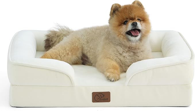 Bedsure Orthopedic Dog Beds for Small Dogs - Washable Small Dog Cat Bed Waterproof, Comfort Pet Couch Sofa with Washable Removable Cover, Pets Bed with Nonskid Bottom, Ivory, 24"
