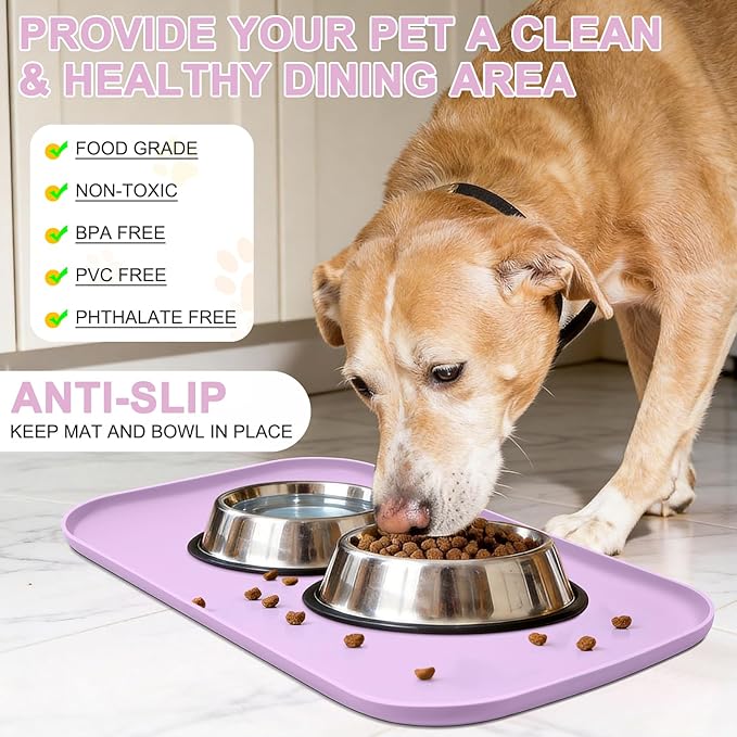 Smilool Silicone Pet Food Mat with Raised Edge for Food and Water Bowl, Dog Feeding Mats, Cat Food Trays for Floor Waterproof, Rubber Tray for Dogs and Cats, 24 x 16 x 0.8 Lavender