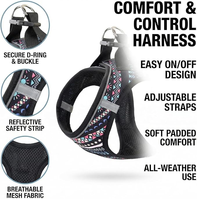 Mihqy Step in Dog Harness and Leash Set, Reflective Adjustable No Pull Dog Harness for Small Medium Dogs Puppy and Cats, Soft Padded Mesh Vest Harnesses for Girl and Boy Pets(Black Bohemia,L)