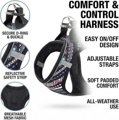 Mihqy Step in Dog Harness and Leash Set, Reflective Adjustable No Pull Dog Harness for Extra-Small/Small Dogs Puppy and Cats, Soft Padded Mesh Vest Harnesses for Girl and Boy Pets(Black Bohemia,S)