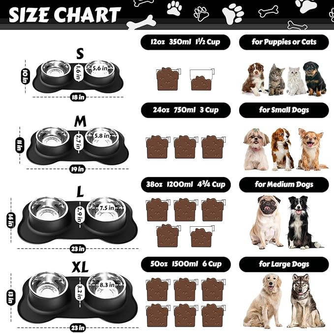 AsFrost Dog Food Bowls Stainless Steel Dog Bowls, Dog Food and Water Bowl Set with No Spill Non-Skid Silicone Mat, Dog Dishes for Small Medium Large Sized Dogs Pet Cat Food Bowls, 6 Cup, Black