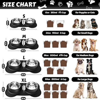 AsFrost Dog Food Bowls Stainless Steel Dog Bowls with No Spill Non-Skid Silicone Mat, Dog Food and Water Bowl Set, Dog Dishes for Small Medium Large Sized Dogs Pet Food Feeding Bowls, 4 Cup, Black