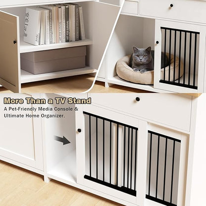 78" Double Door Dog Crate Furniture TV Stand, Heavy Duty Wooden Dog Kennel with 3 Drawers & 2 Cabinets, Extra Large Indoor Dog Cage for Medium/Large Dogs, White