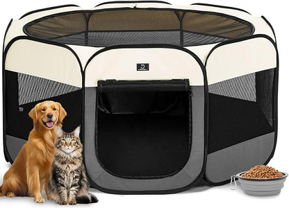 Dog Playpen for Small Dogs & Puppies, 50.39" Portable Indoor Outdoor Puppy Playpen with Bowl, Waterproof Floor, Foldable Pop-Up Pet Pen for Home, Travel & Daily Use, Grey+Beige