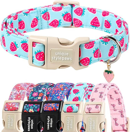 Unique style paws Dog Collar Plastic Buckle with Pendant Puppy Collar for Spring Summer Blue Strawberry for Small Medium Large Boys Girls Dogs