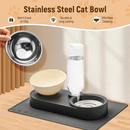 Marchul 2-in-1 Dog Bowl, Elevated Cat Food and Water Bowl with No-Spill Mat, 15° Tilt Stainless Steel Dish + 500ml Leak-Proof Bottle, Easy Clean Design (Dry/Wet Food & Water)