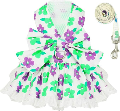 ABRRLO Dog Harness Dress Leash Set for Small Dog Summer Clothes Girl Female Puppy Cats Outfits Cute Floral Bowknot Princess Birthday Dress for Extra Small Pet Doggie Kitten Outfits Apparel(Green,L)