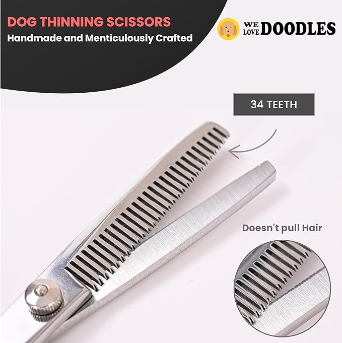 Dog Grooming Scissors Kit - Best Tools for Goldendoodles & Poodles- Straight, Curved & Thinning Shears - Golden Doodle Grooming Professional Grade Stainless Steel, 4 Pc Set (Long Silver)