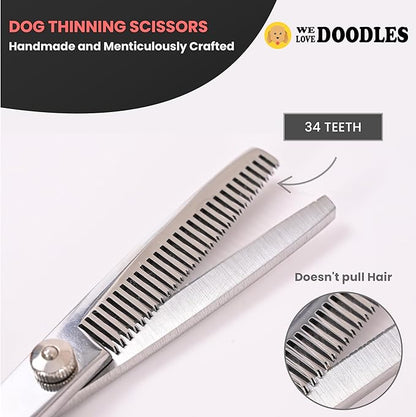 Dog Grooming Scissors Kit - Best Tools for Goldendoodles & Poodles- Straight, Curved & Thinning Shears - Golden Doodle Grooming Professional Grade Stainless Steel, 4 Pc Set (Long Silver)