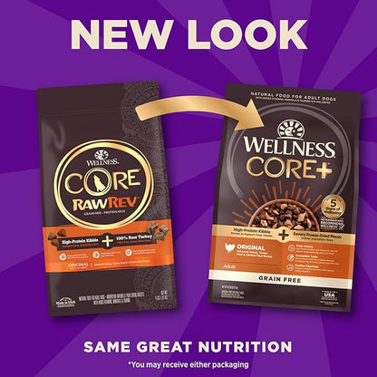 Wellness CORE+ Adult Dry Dog Food with Freeze Dried Pieces, Grain Free Kibble+, Natural, High Protein, Turkey and Chicken Recipe, 20 lb Bag