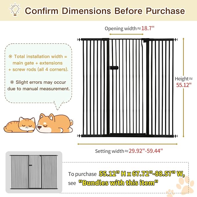 Lumizone Extra Tall Cat Gate 55.12" High Pressure Mounted Extra Wide 2025 New (17 Sizes) 1.37" Gap No Drilling Auto-Close One-Handed Operation Tall Pet Gate for Dogs(Black, 55.12" H x 29.92"-59.44" W)