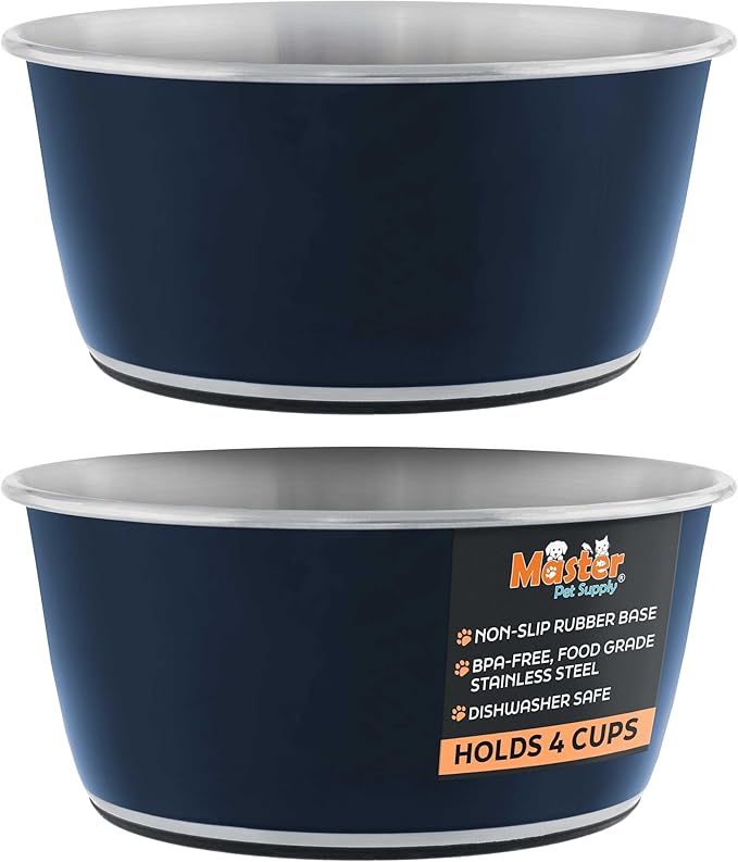 Master Pet Supply Stainless Steel Dog Bowls Set of 2 (32 Oz Each) with Non-Slip Rubber Base - Navy Blue - Basic Dog Food Bowl Water & Food Bowls for Small Medium Large Dogs & Cats, Metal Dish