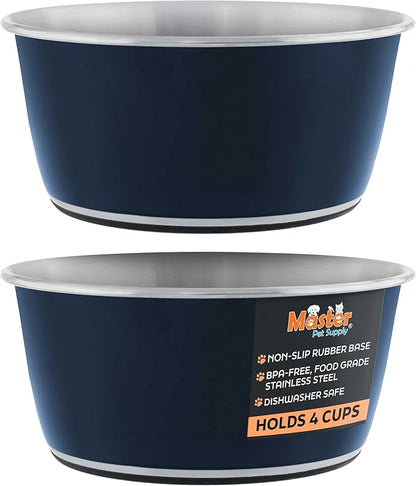 Master Pet Supply Stainless Steel Dog Bowls Set of 2 (32 Oz Each) with Non-Slip Rubber Base - Navy Blue - Basic Dog Food Bowl Water & Food Bowls for Small Medium Large Dogs & Cats, Metal Dish