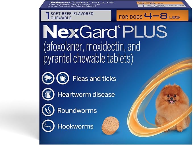 NexGard Plus (afoxolaner, moxidectin, and pyrantel) Flea and Tick Protection & Heartworm Preventive for Dogs Soft Beef Flavored Chewables, 4-8 lbs. (Orange) 1 Chew (1 Month Supply)