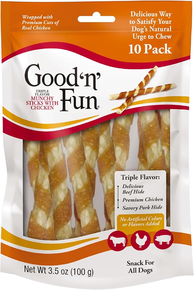Good 'n' Fun Triple Flavor Munchy Sticks Chews for Dogs, 10 Count, Snack for All Dogs Made with Beef Hide, Chicken and Pork Hide
