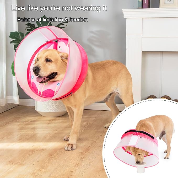 Inflatable Dog Cone Collar for Large Medium Small Dogs, Soft Dog Donut Collar Adjustable Recovery Cone for Pets After Surgery, Extra Enhanced Anti-Licking Guard Shield (Pink Donut, Small)