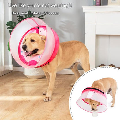 Inflatable Dog Cone Collar for Large Medium Small Dogs, Soft Dog Donut Collar Adjustable Recovery Cone for Pets After Surgery, Extra Enhanced Anti-Licking Guard Shield (Pink Donut, Medium Plus)