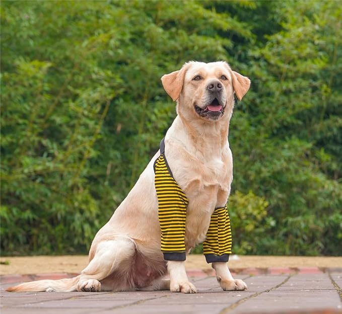 HDKUW Dog Elbow Protector for Calluses, Recovery Suit for Front Legs, Cone Collar Alternative to Stop Licking Wounds, Cover Sleeve for Small Medium Large Dogs - Black Yellow 2XL