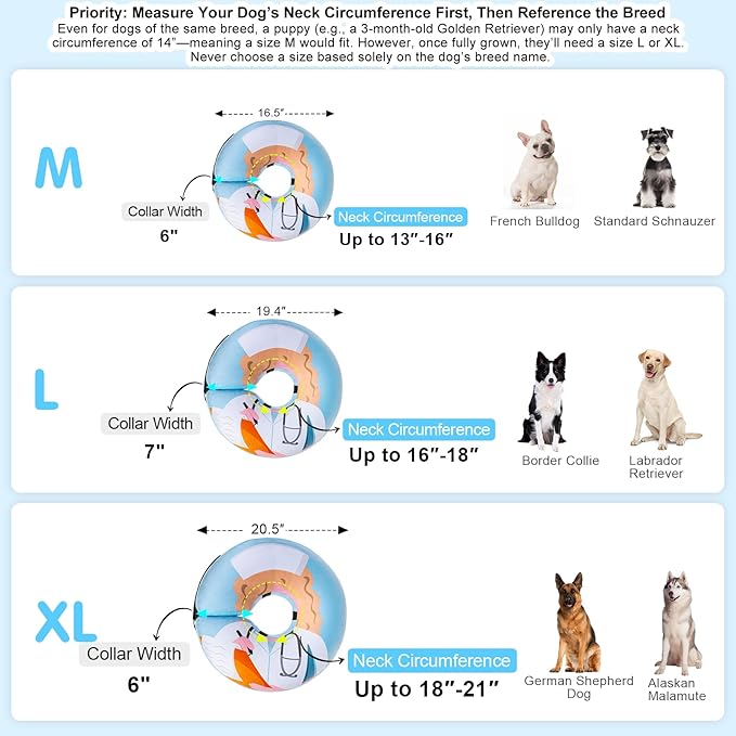 BEAUTYZOO Inflatable Dog Cone Collar Alternative After Surgery, Soft Donut Recovery E-Collar for Large & XL Dogs Girls Boys, Adjustable Pet Neck Cone to Stop Licking Wounds, Light Blue XL
