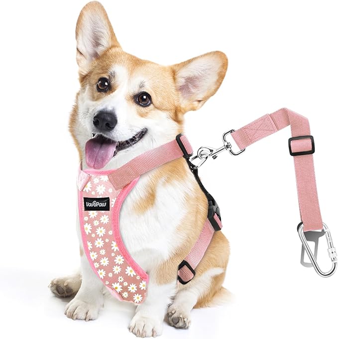 VavoPaw Dog Seat Belt, Safety Vest Dog Car Harness with Adjustable Buckle Dog Seat Belt for Vehicle Nylon Pet Safety Seat Belts Heavy Duty(M, Pink Daisy)