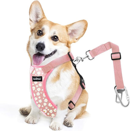VavoPaw Dog Seat Belt, Safety Vest Dog Car Harness with Adjustable Buckle Dog Seat Belt for Vehicle Nylon Pet Safety Seat Belts Heavy Duty(M, Pink Daisy)