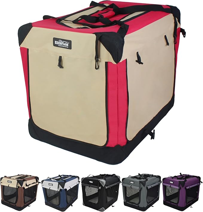 EliteField 4-Door Folding Soft Dog Crate with Curtains, Carrying Bag and Fleece Bed (2 Year Warranty), Indoor & Outdoor Pet Home (42" L x 28" W x 32" H, Red+Beige)