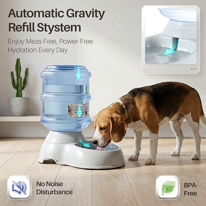 Flexzion Automatic Pet Feeder & Waterer Set of 2 Pack, Self Feeding Replenish Dog Cat Bowls, Gravity Food & Water Storage Container Fountain Jug Pet Supplies Plastic Skid Proof Rubber Feet (1 Gallon)