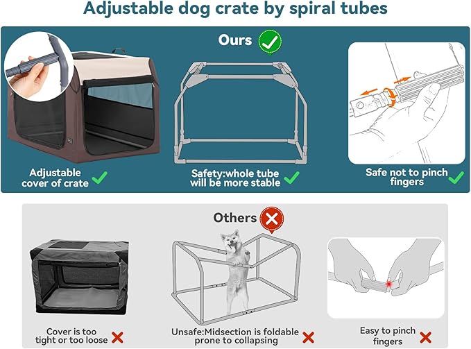 PETSFIT Soft Dog Crate, Travel Dog Crate - 24 Inch Sturdy Adjustable Structure, Easy to Set Up, Portable Dog Car Crate, Light Tough with 3 Mesh Doors Brown