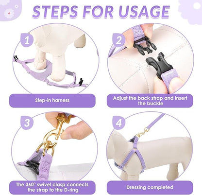 SlowTon Dog Harness Small Sized Dog - Soft XXS Dog Harness and Leash Set No Pull No Chock, Adjustable Lightweight Puppy Harness for XS Small Medium Dogs Cats (Solid Purple, M)
