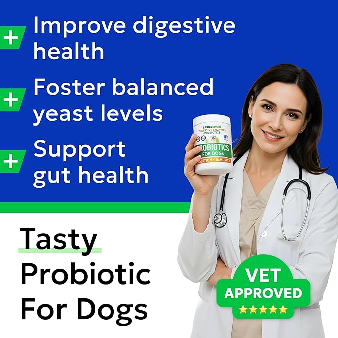 Bark&Spark Dog Probiotics & Digestive Enzymes (Gut Health) Allergy & Itchy Skin - Pet Diarrhea Gas Treatment Upset Stomach Relief, Digestion Health Prebiotic Supplement Tummy Treat (180Ct Chicken)