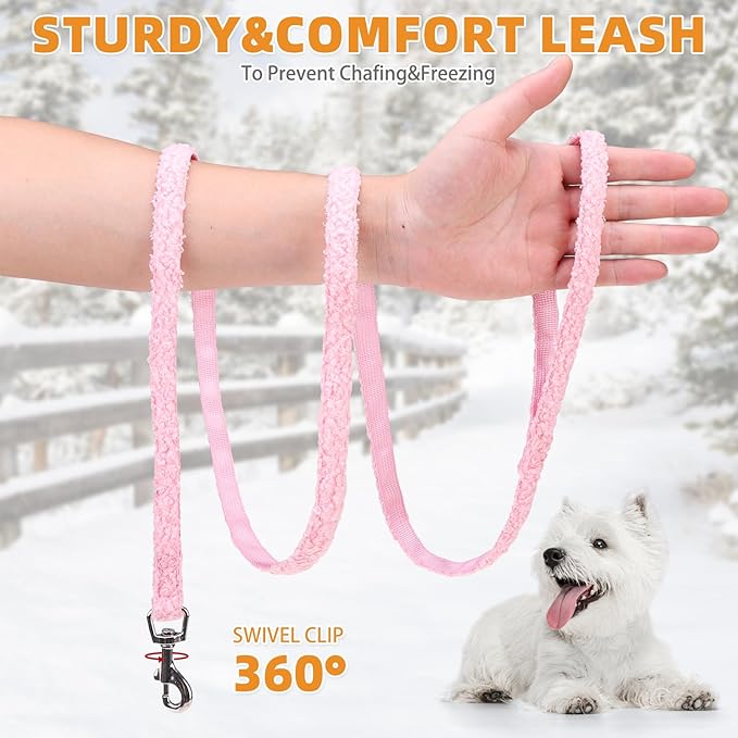 KOOLTAIL Plush Small Dog Harness and Leash Set, Warm Fleece No Pull Puppy Vest for Winter, Lightweight Reflective Step in Pet Harness for Medium Sized Dogs Boy Girl Outdoor Walking Cute Soft, Pink S