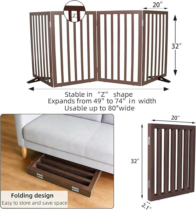 ZJSF Freestanding Indoor Dog Gate for House Foldable Wood Puppy Gate for Doorways Pet Gate for Stairs Extra Wide Pet Fence, Brown, 32" Height 4 Panels