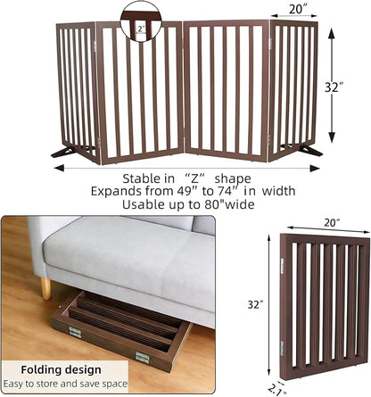 ZJSF Freestanding Indoor Dog Gate for House Foldable Wood Puppy Gate for Doorways Pet Gate for Stairs Extra Wide Pet Fence, Brown, 32" Height 4 Panels