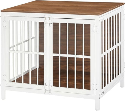 HOOBRO Heavy Duty Dog Crate Furniture, 31.5" Wooden Indoor Kennel with 3 Doors, Chew Resistant Metal Cage for Small and Medium Breeds, Dog Crate Side Table, White and Walnut